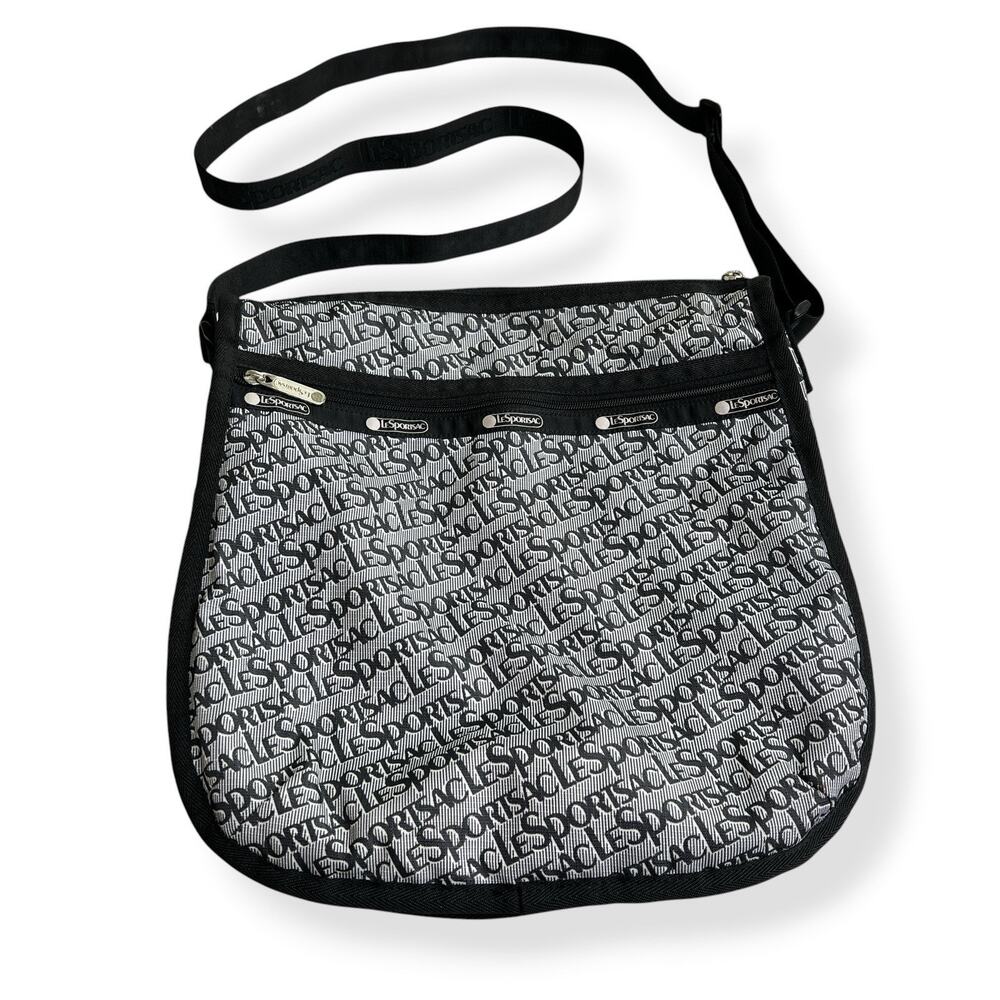 LeSportsac Crossbody Shoulder Bag Gray Black Logo Repeat Print Everyday Travel